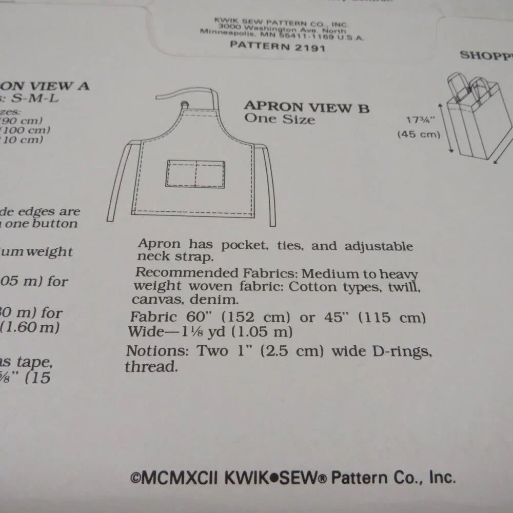 Kwik Sew 2191 Sewing Pattern Aprons, Shopping Bag, Lunch Bag UNCUT